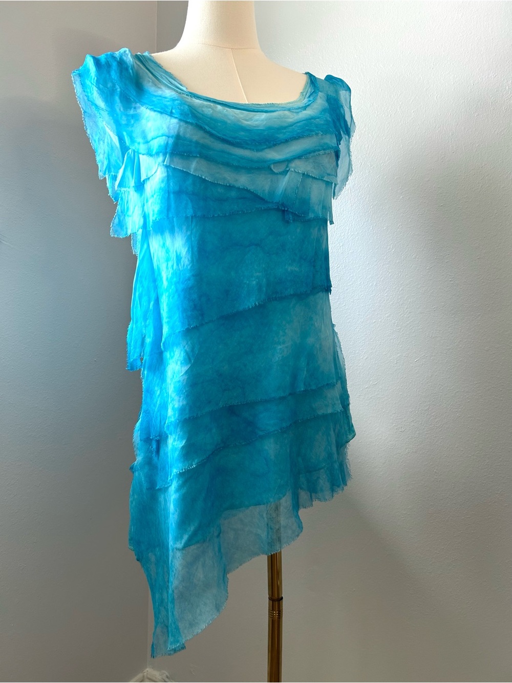 Italian Silk Mermaidcore Sky Blue Layered Asymmetrical Sleeveless Tunic Top S
